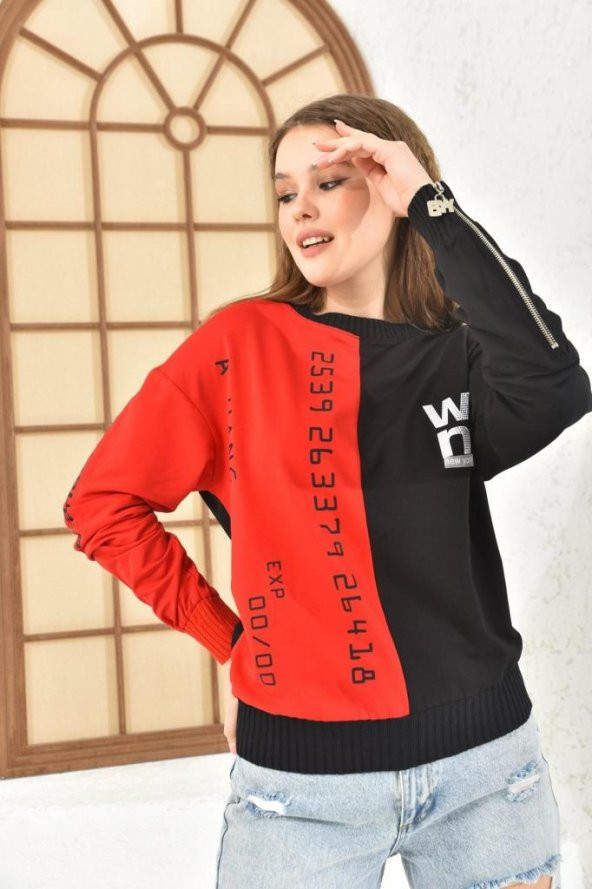 Baskı Taş ve Fermuarlı Siyah Renk Bloklu Kadın Sweatshirt - 2