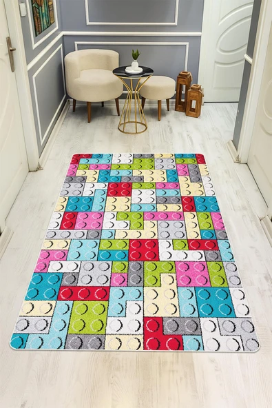 Parlak Kadife Kumaş Dijital Baskı Dot Kaymaz Tabanlı Çocuk ve Genç Odası Halısı H1135 RENKLİ 80 X 300 - Resim 2