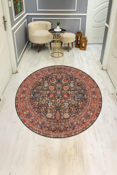 Vintage Desenli Yuvarlak Dijital Baskı Kaymaz Tabanlı Halı H0365 Renkli 100 X 100 ürün görseli