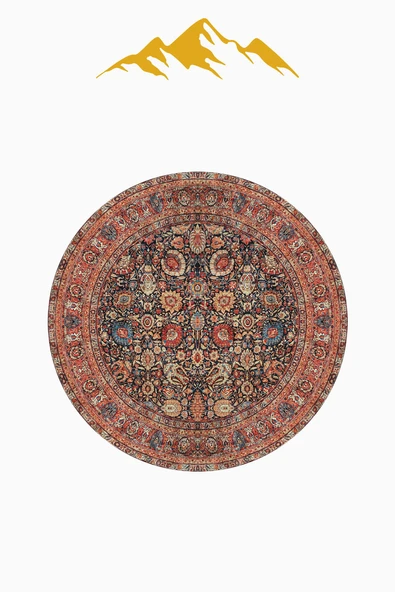 Vintage Desenli Yuvarlak Dijital Baskı Kaymaz Tabanlı Halı H0365 Renkli 100 X 100 - Resim 3