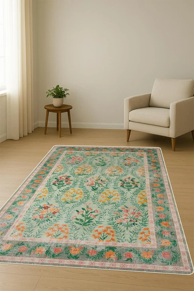 Parlak Kadife Kumaş Dijital Baskı Vintage Desenli Dot Kaymaz Tabanlı Halı H0818 RENKLİ 80 X 200 - Resim 2