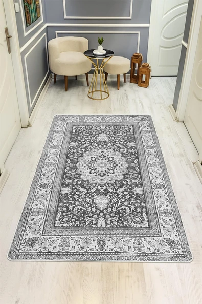 Parlak Kadife Kumaş Dijital Baskı Klasik Desenli Dot Kaymaz Tabanlı Halı H0828 RENKLİ 100 X 300 ürün görseli