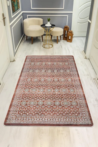 Parlak Kadife Kumaş VINTAGE Dijital Baskı Dot Kaymaz Tabanlı Halı H1067 RENKLİ 140 X 200 ürün görseli