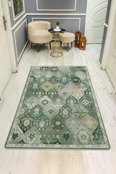 Parlak Kadife Kumaş VINTAGE Dijital Baskı Dot Kaymaz Tabanlı Halı H1062 RENKLİ 180 X 280 ürün görseli