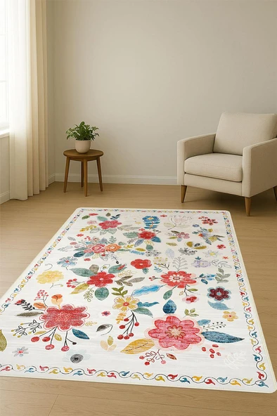 Parlak Kadife Kumaş Dijital Baskı Vintage Desenli Dot Kaymaz Tabanlı Halı H0816 RENKLİ 120 X 180 - Resim 2