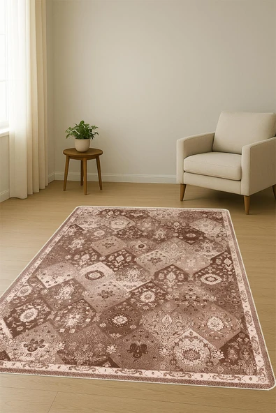 Parlak Kadife Kumaş VINTAGE Dijital Baskı Dot Kaymaz Tabanlı Halı H1065 RENKLİ 180 X 280 - Resim 2