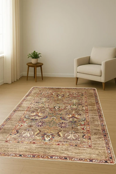 Parlak Kadife Kumaş Dijital Baskı Vintage Desenli Dot Kaymaz Tabanlı Halı H0101 RENKLİ 200 X 300 - Resim 2