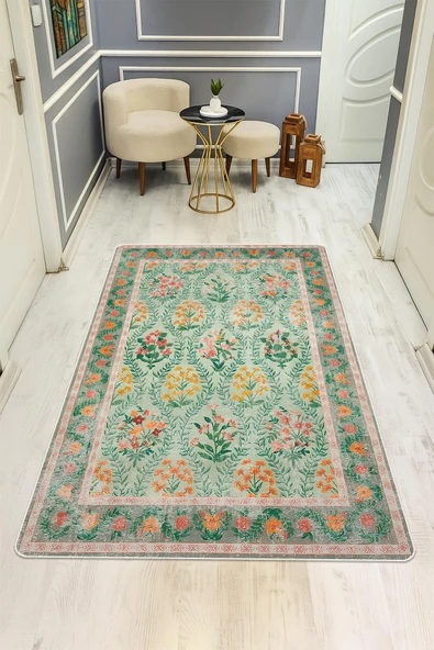 Parlak Kadife Kumaş Dijital Baskı Vintage Desenli Dot Kaymaz Tabanlı Halı H0818 RENKLİ 80 X 200 ürün görseli