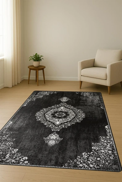 Parlak Kadife Kumaş Dijital Baskı Vintage Desenli Dot Kaymaz Tabanlı Halı H0104 RENKLİ 200 X 300 - Resim 2