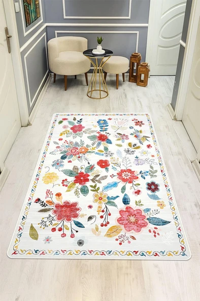 Parlak Kadife Kumaş Dijital Baskı Vintage Desenli Dot Kaymaz Tabanlı Halı H0816 RENKLİ 120 X 180 ürün görseli 1