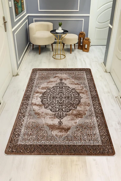 Parlak Kadife Kumaş Dijital Baskı Klasik Desenli Dot Kaymaz Tabanlı Halı H0086 RENKLİ 180 X 280 ürün görseli