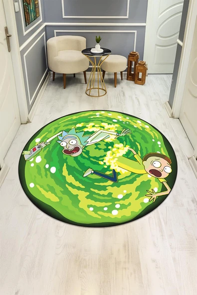 Rick & Morty Figürlü Yuvarlak Dijital Baskı Kaymaz Tabanlı Çocuk ve Genç Odası Halısı H0384 Renkli 180 X 180 - Resim 2