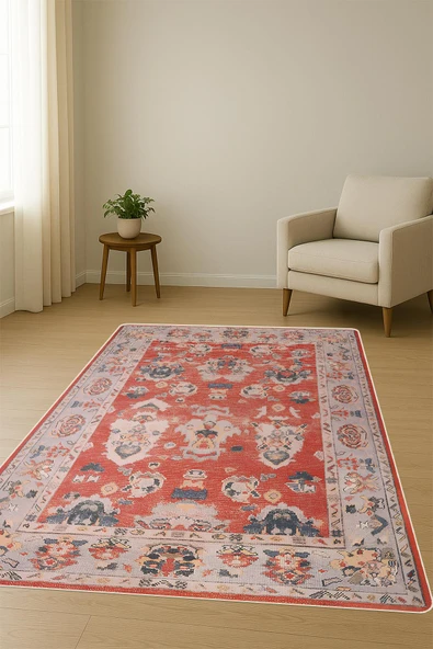 Parlak Kadife Kumaş VINTAGE Dijital Baskı Dot Kaymaz Tabanlı Halı H0829 RENKLİ 100 X 300 - Resim 2