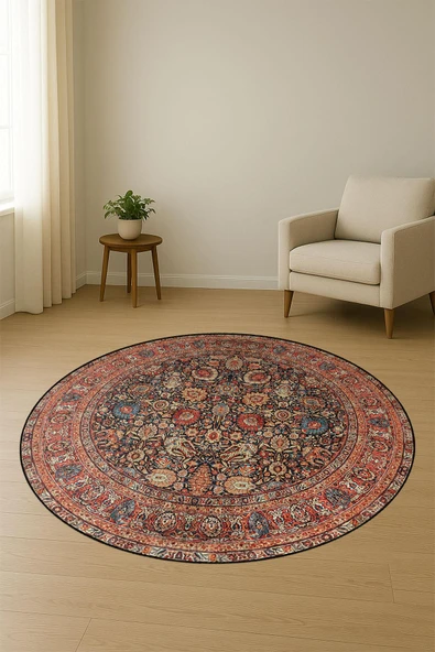 Vintage Desenli Yuvarlak Dijital Baskı Kaymaz Tabanlı Halı H0365 Renkli 100 X 100 - Resim 2