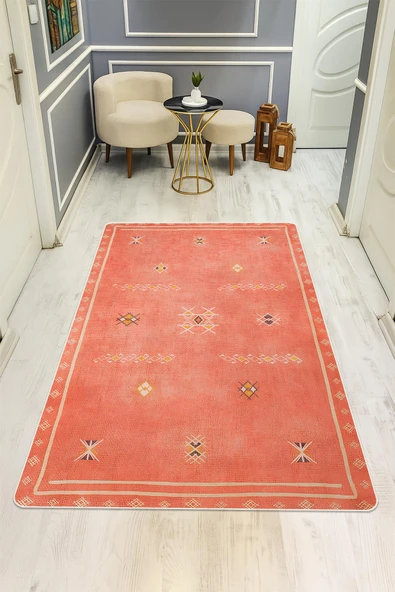 Parlak Kadife Kumaş Dijital Baskı Vintage Desenli Dot Kaymaz Tabanlı Halı H0820 RENKLİ 100 X 300 ürün görseli