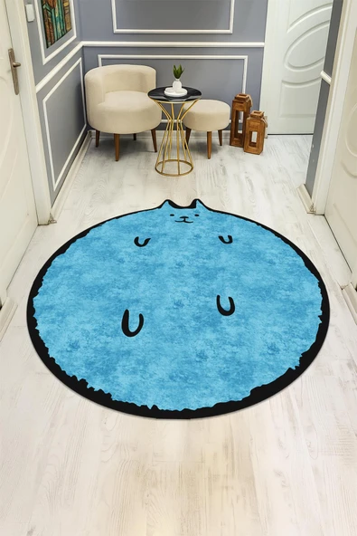 Kedi Desenli Yuvarlak Dijital Baskı Kaymaz Tabanlı Halı H0395 Renkli 140 X 140 - Resim 2
