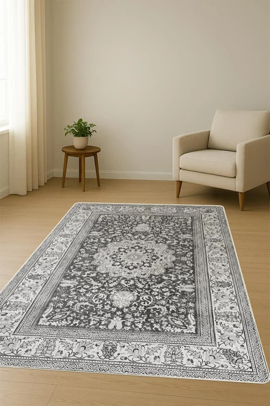 Parlak Kadife Kumaş Dijital Baskı Klasik Desenli Dot Kaymaz Tabanlı Halı H0828 RENKLİ 100 X 300 - Resim 2