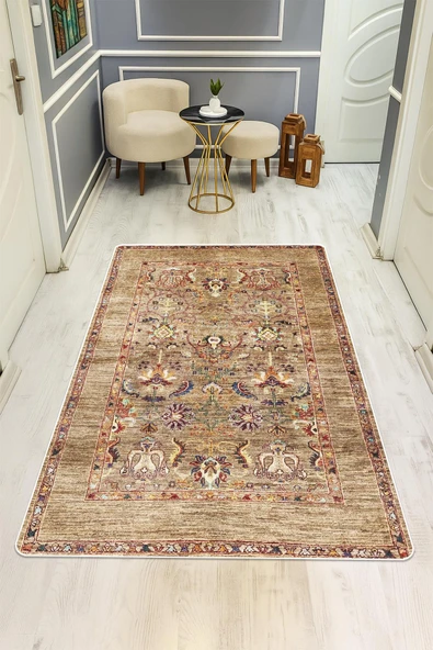 Parlak Kadife Kumaş Dijital Baskı Vintage Desenli Dot Kaymaz Tabanlı Halı H0101 RENKLİ 200 X 300 ürün görseli