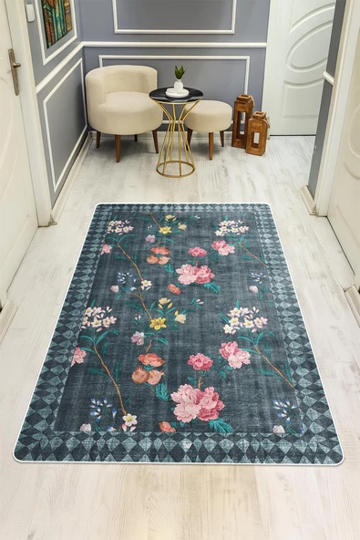 Parlak Kadife Kumaş Dijital Baskı Vintage Desenli Dot Kaymaz Tabanlı Halı H0019 RENKLİ 140 X 200 ürün görseli