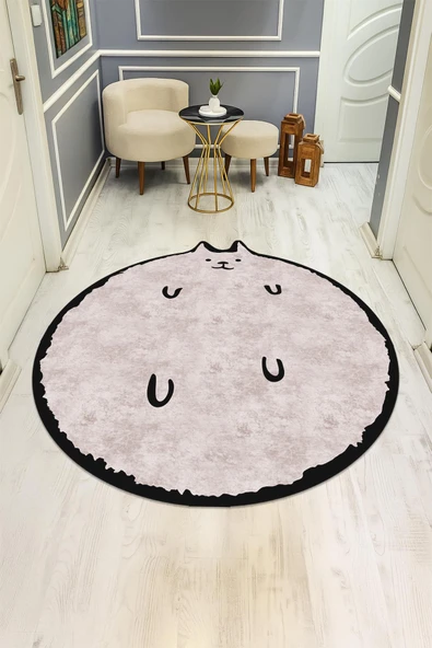 Kedi Desenli Yuvarlak Dijital Baskı Kaymaz Tabanlı Halı H0396 Renkli 200 X 200 - Resim 2