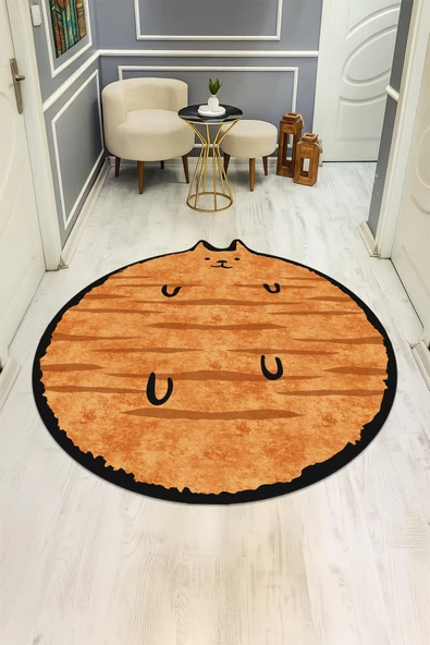 Kedi Desenli Yuvarlak Dijital Baskı Kaymaz Tabanlı Halı H0394 Renkli 120 X 120 - Resim 2