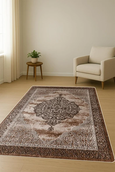 Parlak Kadife Kumaş Dijital Baskı Klasik Desenli Dot Kaymaz Tabanlı Halı H0086 RENKLİ 100 X 300 - Resim 2