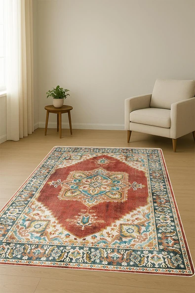 Parlak Kadife Kumaş VINTAGE Dijital Baskı Dot Kaymaz Tabanlı Halı H0827 RENKLİ 100 X 200 - Resim 2