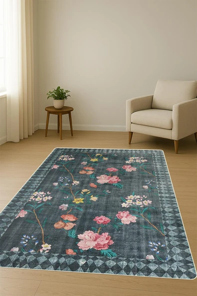 Parlak Kadife Kumaş Dijital Baskı Vintage Desenli Dot Kaymaz Tabanlı Halı H0019 RENKLİ 140 X 200 - Resim 2