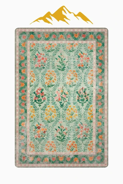 Parlak Kadife Kumaş Dijital Baskı Vintage Desenli Dot Kaymaz Tabanlı Halı H0818 RENKLİ 140 X 200 - Resim 3