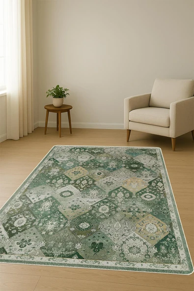 Parlak Kadife Kumaş VINTAGE Dijital Baskı Dot Kaymaz Tabanlı Halı H1062 RENKLİ 100 X 200 - Resim 2