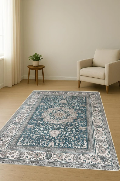 Parlak Kadife Kumaş Dijital Baskı Klasik Desenli Dot Kaymaz Tabanlı Halı H0823 RENKLİ 120 X 180 - Resim 2