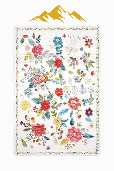 Parlak Kadife Kumaş Dijital Baskı Vintage Desenli Dot Kaymaz Tabanlı Halı H0816 RENKLİ 120 X 180 - Resim 3