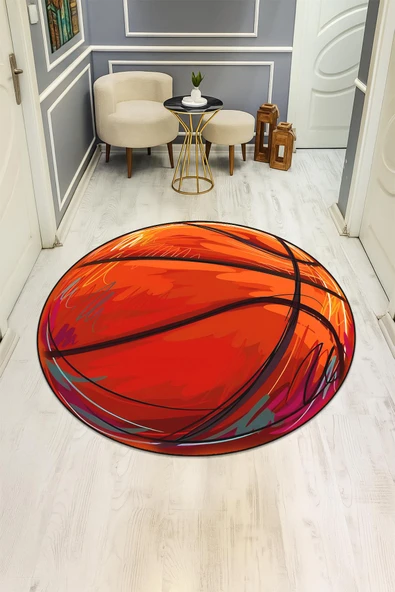 Basket Topu Desenli Yuvarlak Dijital Baskı Kaymaz Tabanlı Çocuk ve Genç Odası Halısı H0385 Renkli 80 X 80 - Resim 2