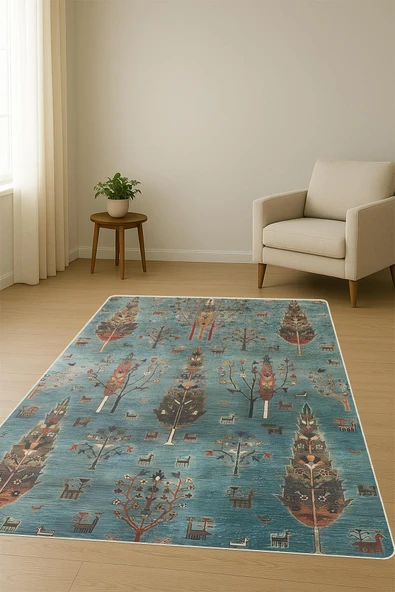 Parlak Parlak Kadife Kumaş Dijital Baskı Etnik Desenli Dot Kaymaz Tabanlı Halı Kumaş Dijital Baskı Dot Kaymaz Tabanlı Mutfak Halısı H0817 RENKLİ 200 X 300 - Resim 2