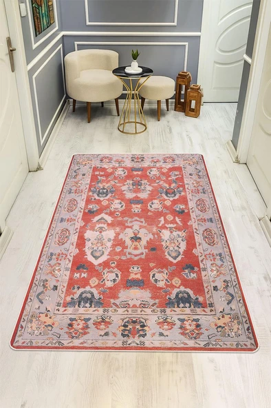 Parlak Kadife Kumaş VINTAGE Dijital Baskı Dot Kaymaz Tabanlı Halı H0829 RENKLİ 100 X 300 ürün görseli 1