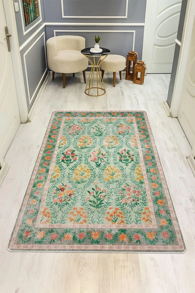 Parlak Kadife Kumaş Dijital Baskı Vintage Desenli Dot Kaymaz Tabanlı Halı H0818 RENKLİ 140 X 200 ürün görseli 1