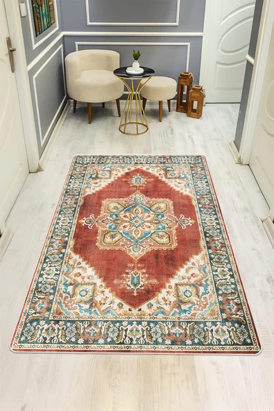 Parlak Kadife Kumaş VINTAGE Dijital Baskı Dot Kaymaz Tabanlı Halı H0827 RENKLİ 120 X 180 ürün görseli