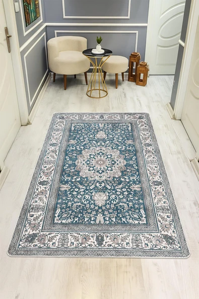 Parlak Kadife Kumaş Dijital Baskı Klasik Desenli Dot Kaymaz Tabanlı Halı H0823 RENKLİ 120 X 180 ürün görseli