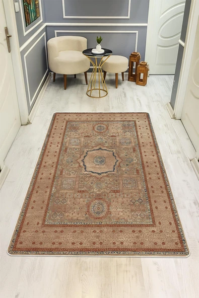 Parlak Kadife Kumaş Klasik Dijital Baskı Dot Kaymaz Tabanlı Halı H1068 RENKLİ 80 X 200 ürün görseli