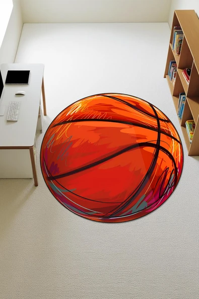 Basket Topu Desenli Yuvarlak Dijital Baskı Kaymaz Tabanlı Çocuk ve Genç Odası Halısı H0385 Renkli 120 X 120 ürün görseli