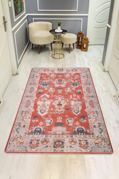 Parlak Kadife Kumaş VINTAGE Dijital Baskı Dot Kaymaz Tabanlı Halı H0829 RENKLİ 100 X 300 ürün görseli