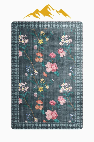 Parlak Kadife Kumaş Dijital Baskı Vintage Desenli Dot Kaymaz Tabanlı Halı H0019 RENKLİ 140 X 200 - Resim 3