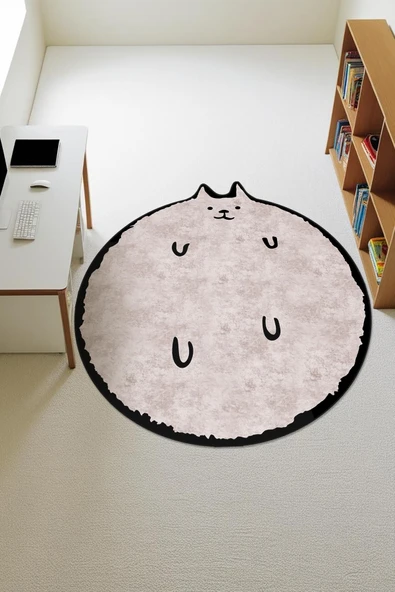 Kedi Desenli Yuvarlak Dijital Baskı Kaymaz Tabanlı Halı H0396 Renkli 160 X 160 ürün görseli