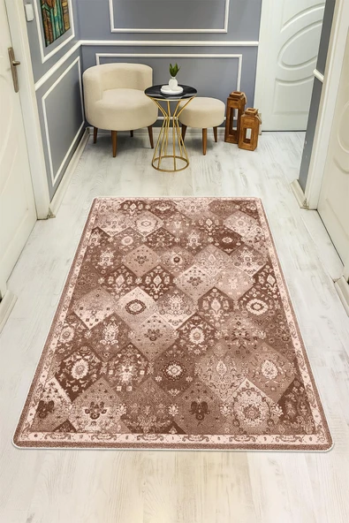 Parlak Kadife Kumaş VINTAGE Dijital Baskı Dot Kaymaz Tabanlı Halı H1065 RENKLİ 180 X 280 ürün görseli