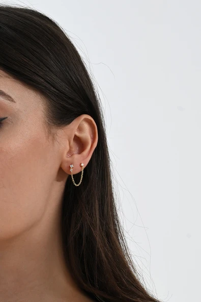 925 ayar gümüş altın yaldızlı zirkon taşlı çift delikli kullanılabilen gümüş zincir küpe SGTL13073GOLD - Resim 2