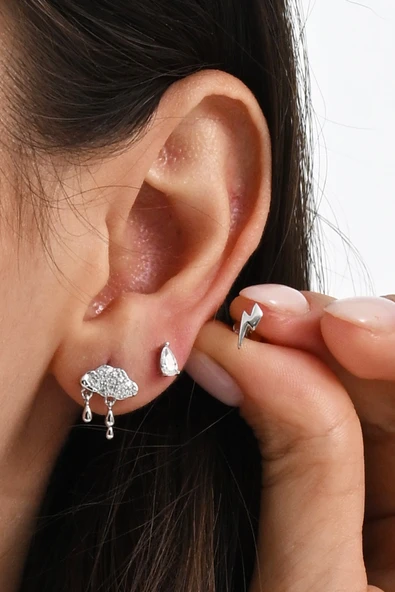 Gümüş rodyumlu zirkon taşlı bulut,damla ve şimşekten oluşan yağmur kombin küpe SGTL13033RODAJ ürün görseli