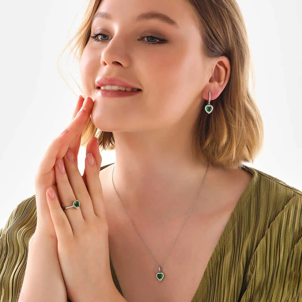 Gümüş Yeşil Taşlı Kalpli Kadın Set - Resim 2