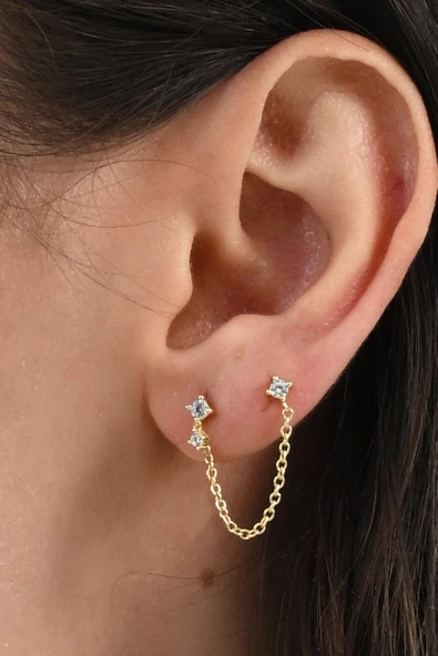 925 ayar gümüş altın yaldızlı zirkon taşlı çift delikli kullanılabilen gümüş zincir küpe SGTL13073GOLD ürün görseli