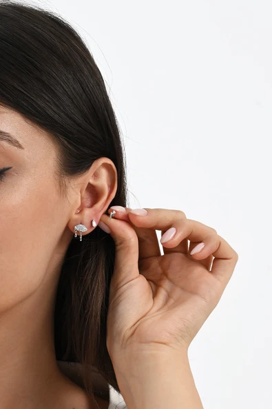 Gümüş rodyumlu zirkon taşlı bulut,damla ve şimşekten oluşan yağmur kombin küpe SGTL13033RODAJ - Resim 3