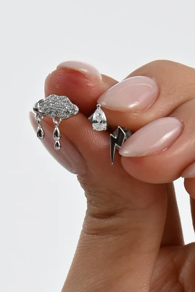 Gümüş rodyumlu zirkon taşlı bulut,damla ve şimşekten oluşan yağmur kombin küpe SGTL13033RODAJ - Resim 2